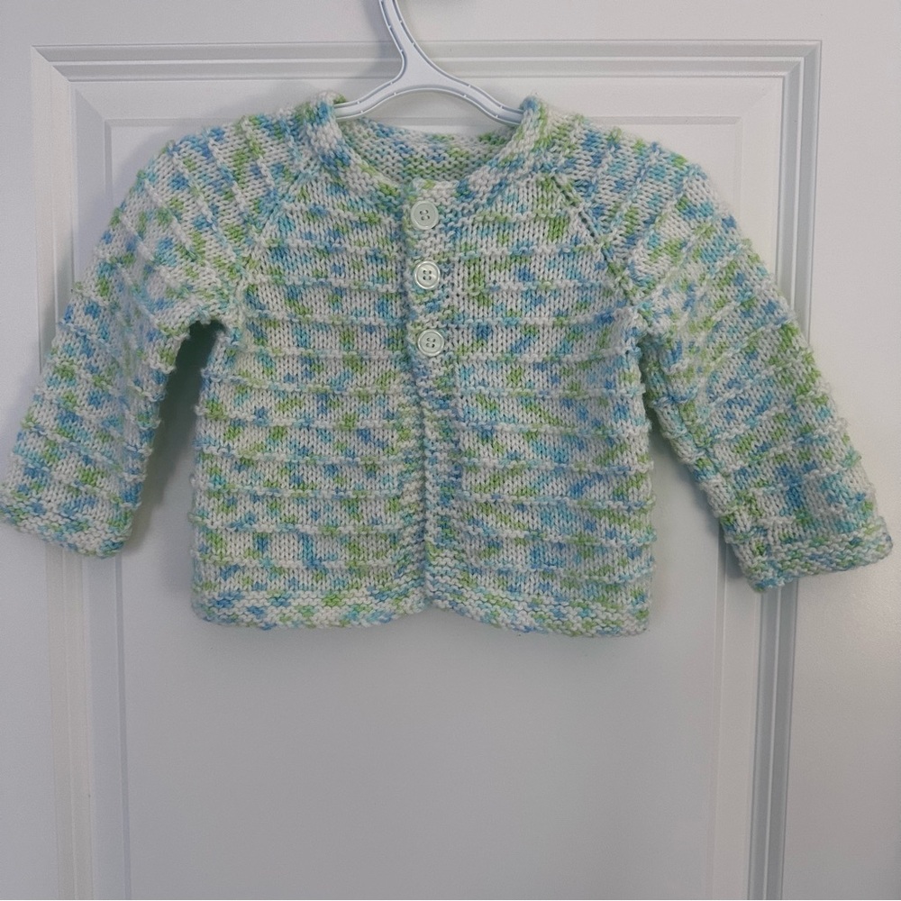Handmade Knit Baby Cardigan Sweater Blue Green 6–12M Cozy Cottagecore